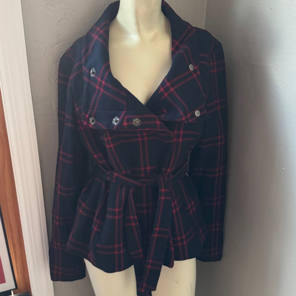 H&M navy blue and red plaid wool-blend belted jacket. Size 10